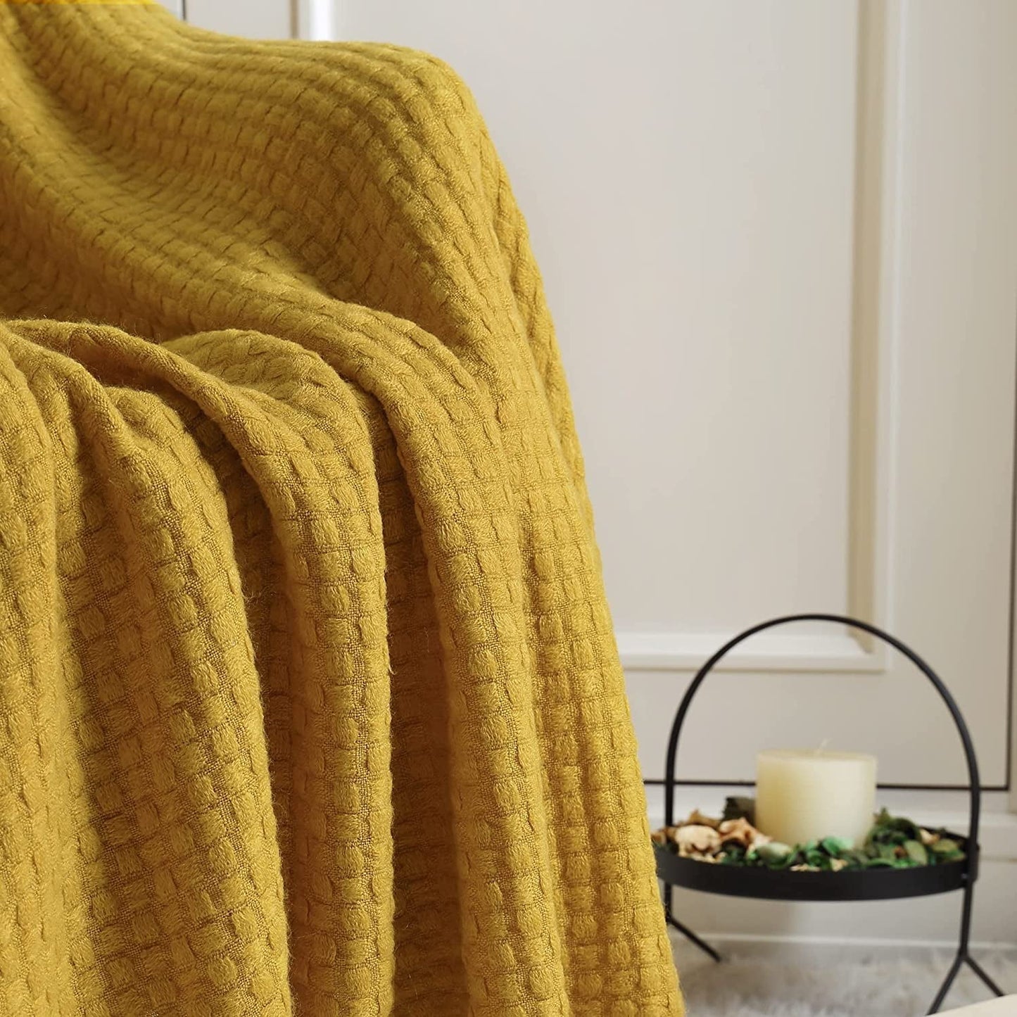 CREVENT Farmhouse Boho Knitted Throw Blanket for Couch Sofa Chair Bed Home Decoration, Soft Warm Cozy Light Weight for Spring Summer Fall (50''X60'' Mustard/Yellow)