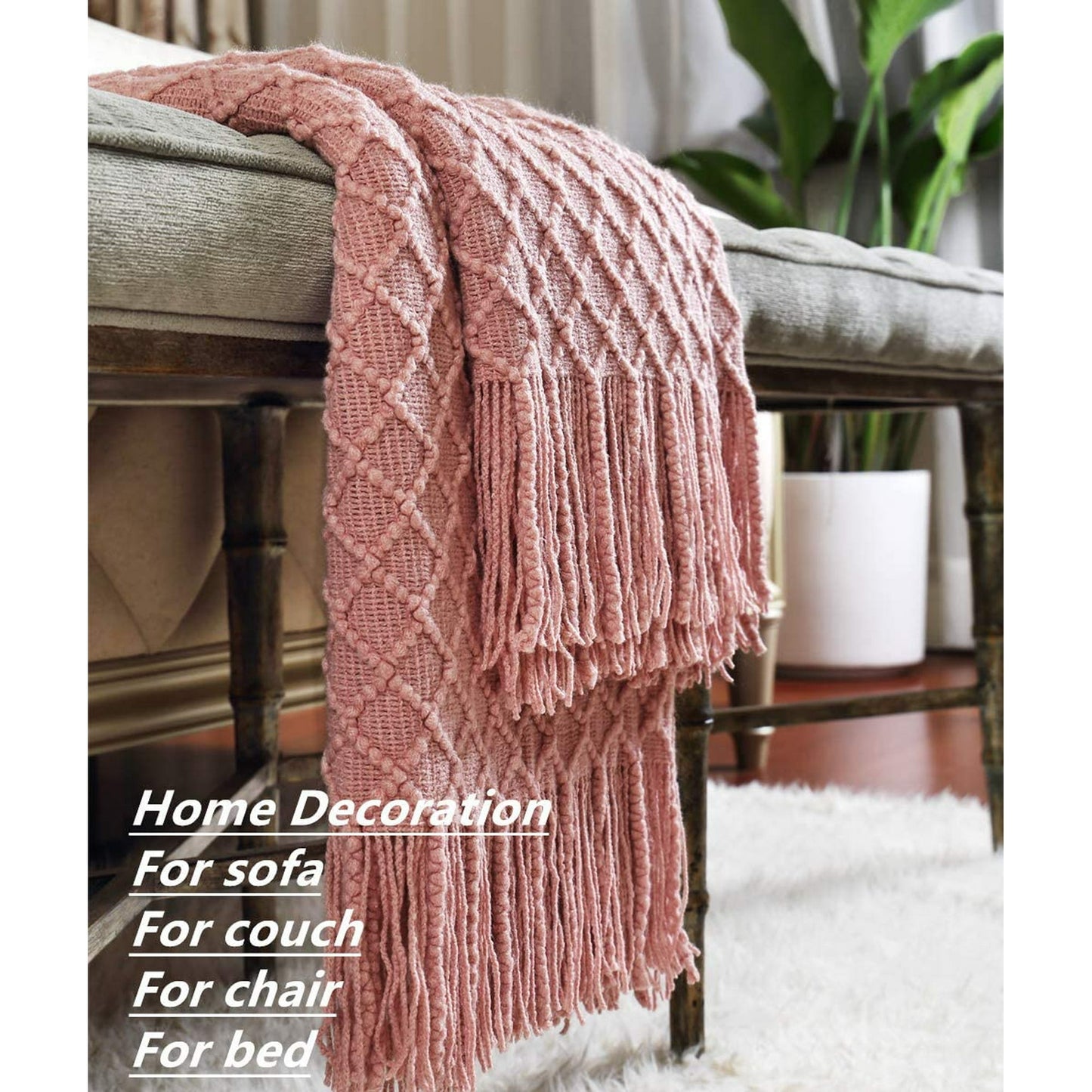 CREVENT Light Blush Pink Knit Throw Blanket for Couch Sofa Chair,Soft and Decorative for Spring Summer (50''X60'' Dusty Pink/Pale Pink)