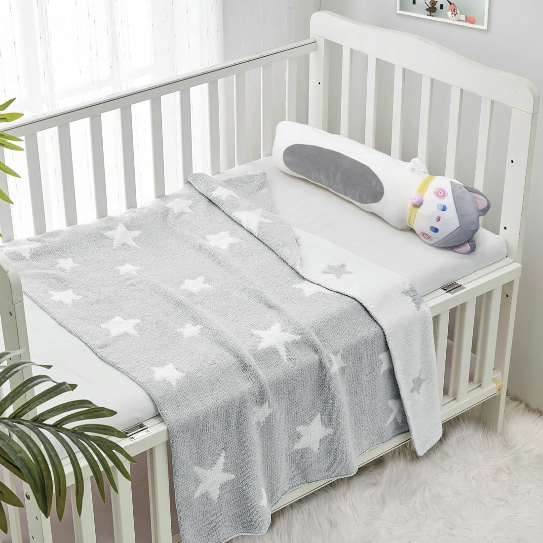 CREVENT 30"X40" Cozy Soft Warm Chenille Baby Blanket for Girls Boys, Newborn Essentials for Infant, Baby Shower Receiving Gift - Grey Star