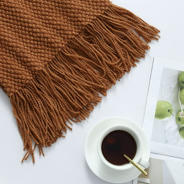 CREVENT Rustic Farmhouse Knit Throw Blanket for Couch Sofa Chair Bed Home Decoration, Soft Warm Cozy Light Weight for Spring Summer Fall (50''X60'' Caramel)