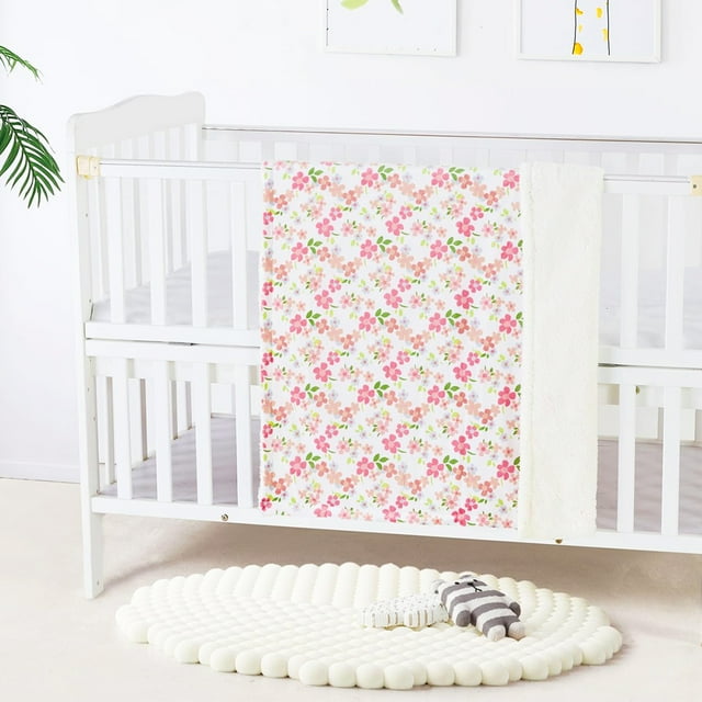 CREVENT Minky Sherpa Warm Baby Blanket for Girls Boys, Soft Plush Receiving Blanket for Newborns, 30''x40'' ,Pink Flowers