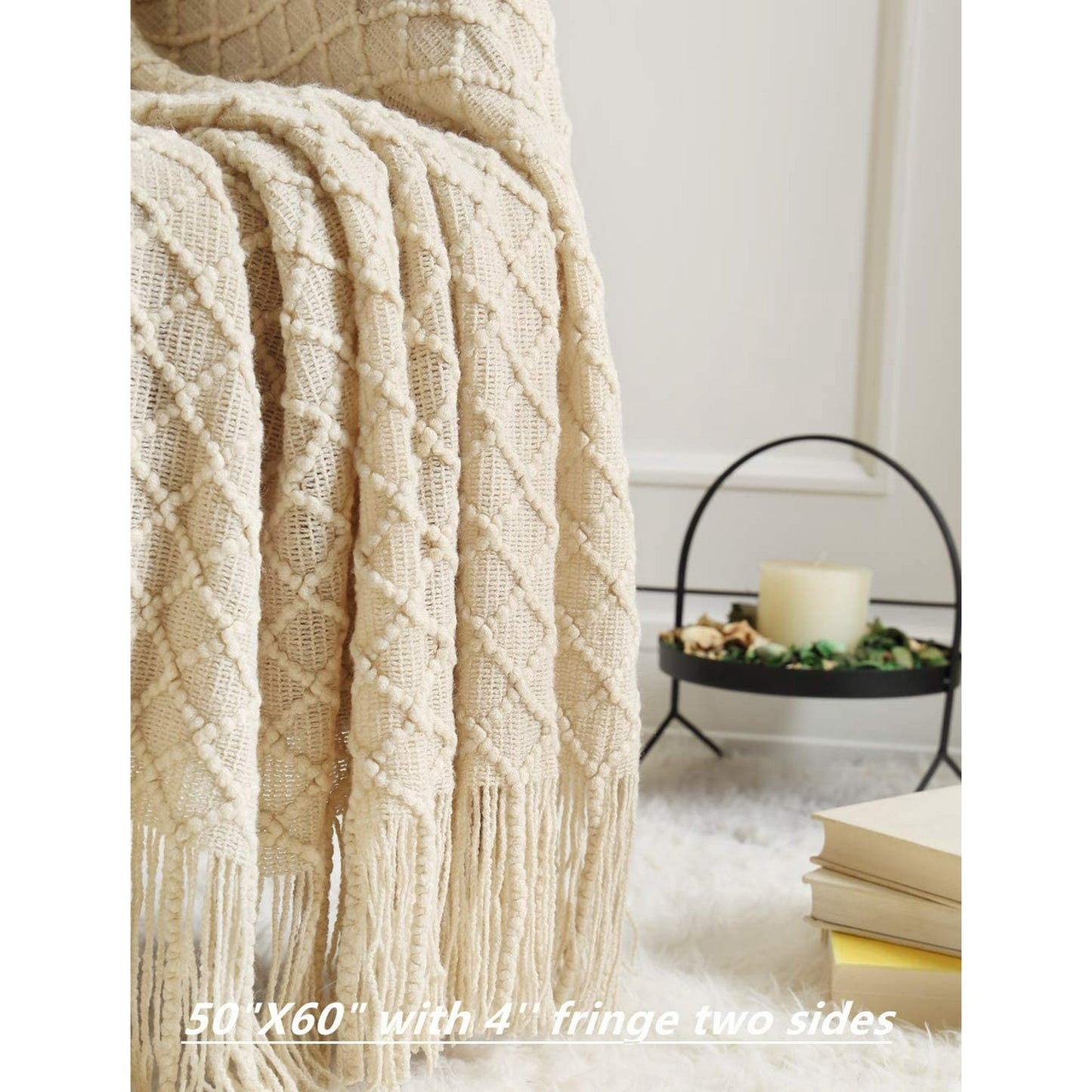 CREVENT Home Decor Rustic Couch Sofa Chair Bed Throw Blanket, Soft Warm Cozy Light Weight in Spring Summer (50''X60'' Beige/Ivory)