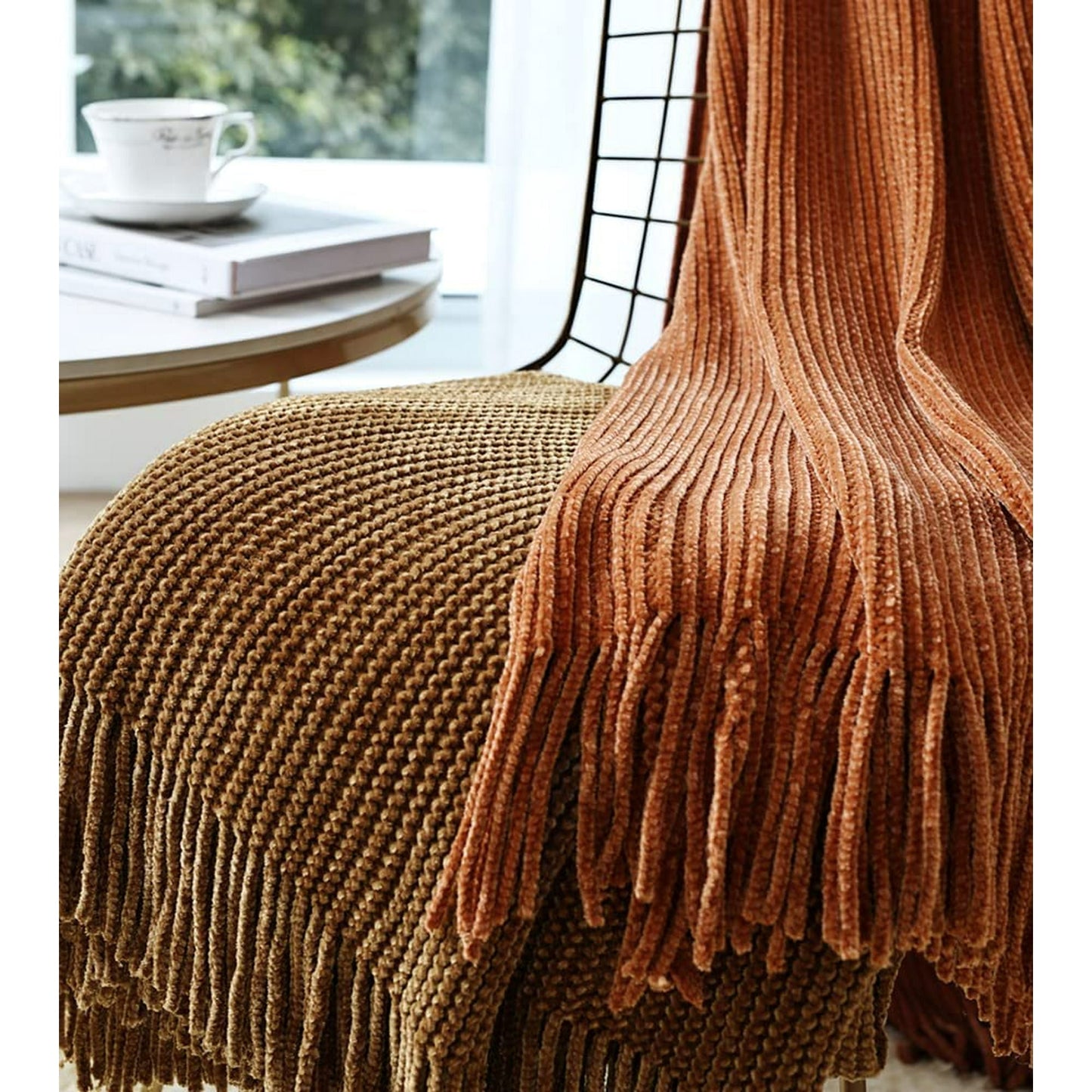 CREVENT Boho Chenille Throw Blanket for Couch Sofa Chair Bed Home Decoration, Super Soft Warm Cozy Knit Blanket for All Season (50''X60'' Coffee/Prairie Sand)