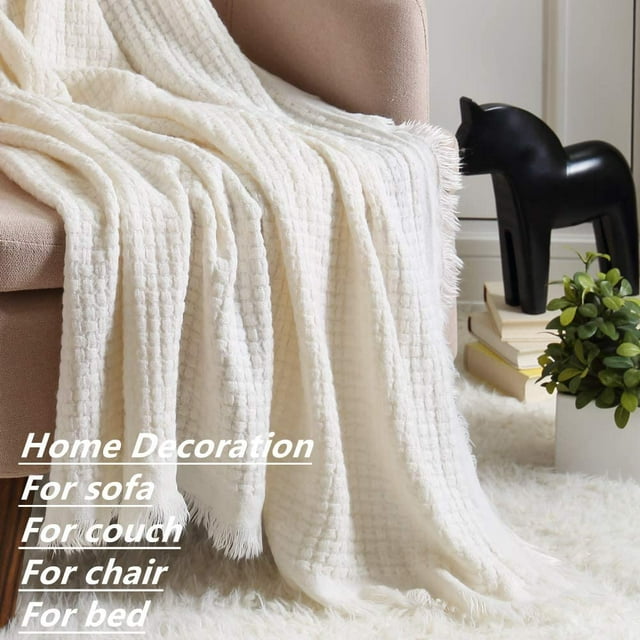 CREVENT Plush Throw Blanket for Home Decoration, Soft Warm Cozy Light Weight for Summer Fall (50''X60'' Off White/Ivory/Cream)
