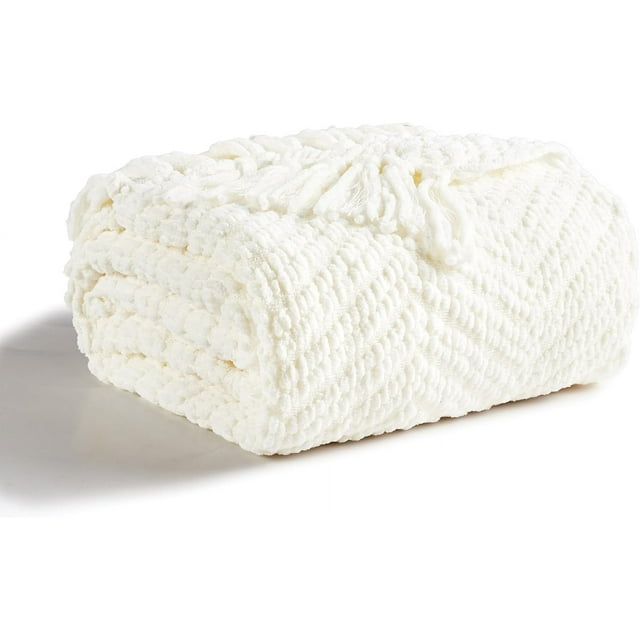 CREVENT Farmhouse Chenille Throw Blanket for Couch Home Decoration, Soft Warm Cozy(50''X60'' Ivory)