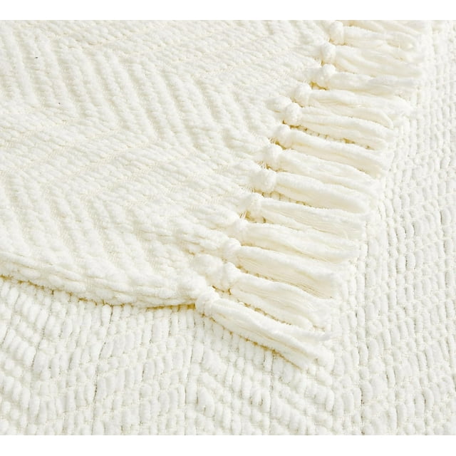 CREVENT Farmhouse Chenille Throw Blanket for Couch Home Decoration, Soft Warm Cozy(50''X60'' Ivory)