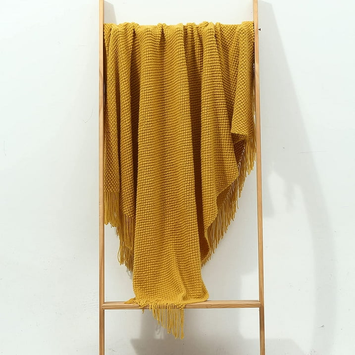 CREVENT Knitted Decorative Throw Blanket for Couch Sofa Chair Bed,Soft Warm Cozy Light Weight for Spring Summer Fall (50''X60'' Mustard Yellow)