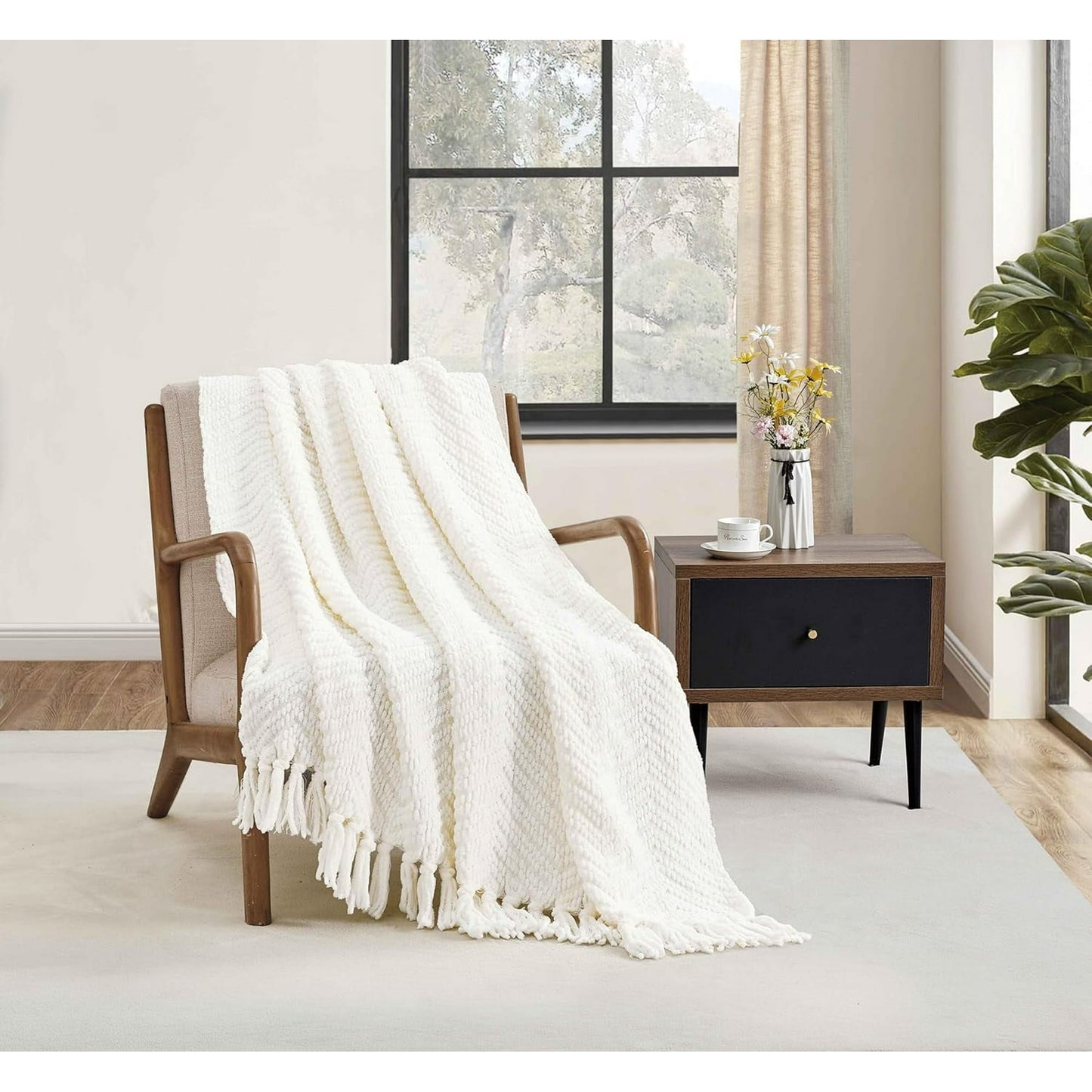 CREVENT Farmhouse Chenille Throw Blanket for Couch Home Decoration, Soft Warm Cozy(50''X60'' Ivory)