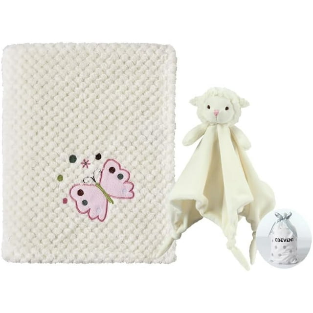 CREVENT Baby Blankets Ivory Gift Set for Boys Girls, Butterfly Baby Blanket,Sheep Security Blanket, with A Gift Bag, Unisex, 2 Items