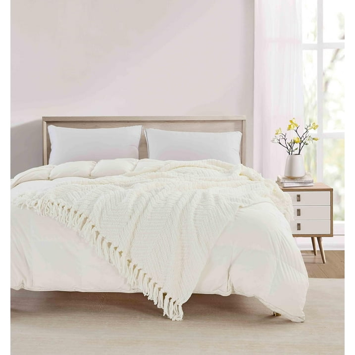 CREVENT Farmhouse Chenille Throw Blanket for Couch Home Decoration, Soft Warm Cozy(50''X60'' Ivory)