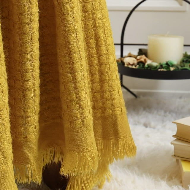 CREVENT Farmhouse Boho Knitted Throw Blanket for Couch Sofa Chair Bed Home Decoration, Soft Warm Cozy Light Weight for Spring Summer Fall (50''X60'' Mustard/Yellow)