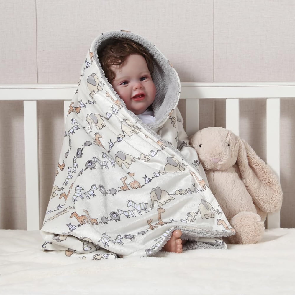CREVENT Minky Sherpa Baby Blanket for Girls Boys, Soft Plush Receiving Blanket for Newborns - 30x40 Inches (Ivory Animals)