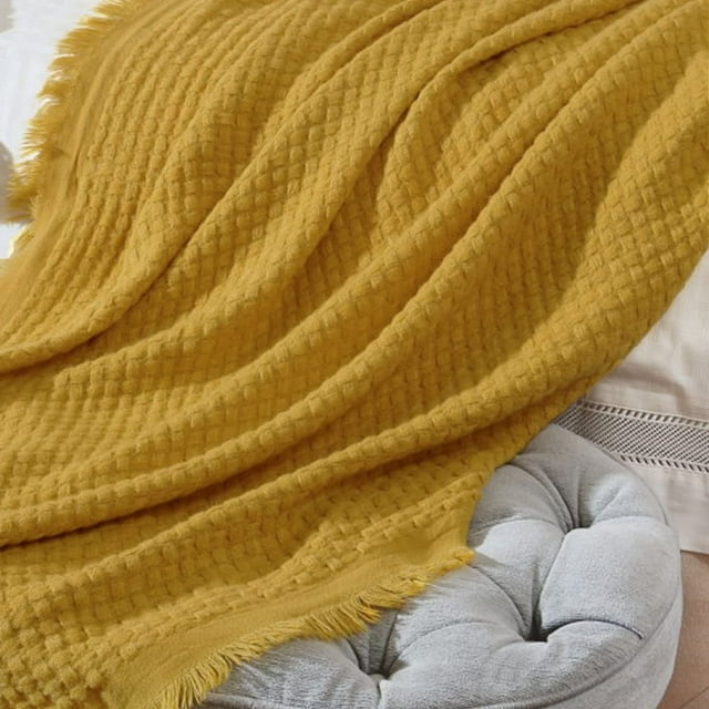 CREVENT Farmhouse Boho Knitted Throw Blanket for Couch Sofa Chair Bed Home Decoration, Soft Warm Cozy Light Weight for Spring Summer Fall (50''X60'' Mustard/Yellow)