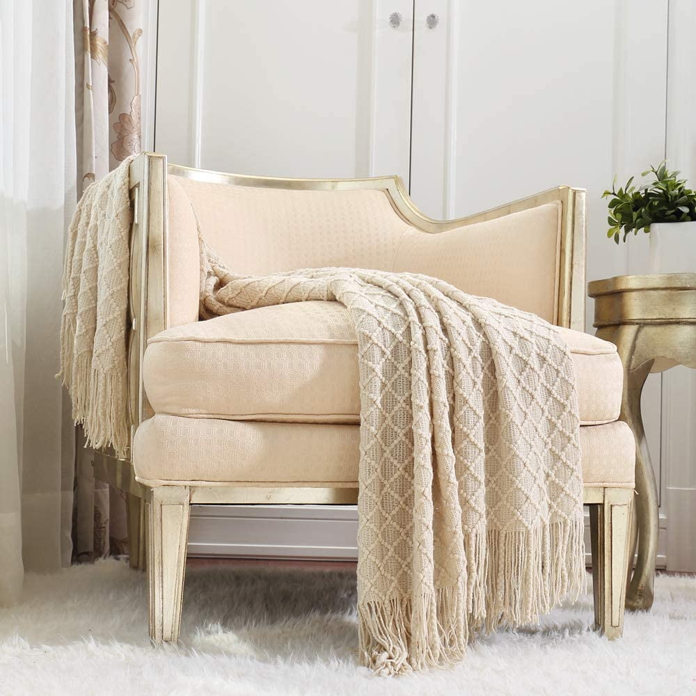 CREVENT Home Decor Rustic Couch Sofa Chair Bed Throw Blanket, Soft Warm Cozy Light Weight in Spring Summer (50''X60'' Beige/Ivory)