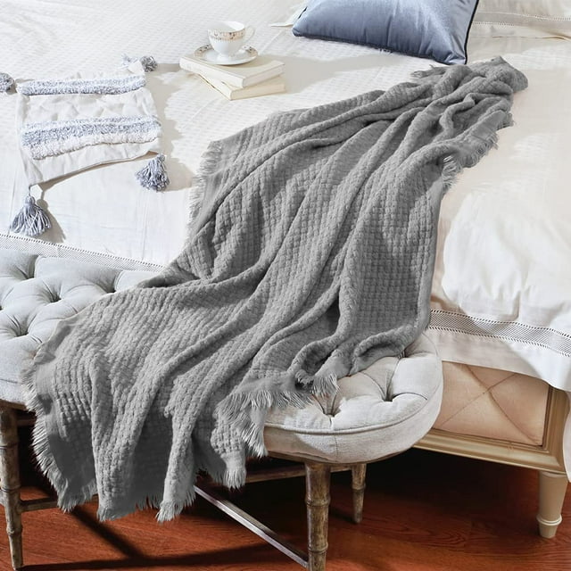 CREVENT Farmhouse Waffle Knit Throw Blanket for Couch Sofa Chair Bed Home Decoration, Soft Warm Cozy Light Weight for Spring Summer Fall (50''X60'' Light Grey)