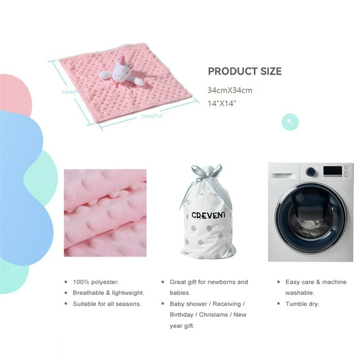 CREVENT Cozy Plush Lovey Fluffy Baby Security Blanket Loveys for Infant Girls, Pink Unicorn, 14'' x 14''