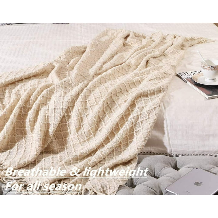 CREVENT Home Decor Rustic Couch Sofa Chair Bed Throw Blanket, Soft Warm Cozy Light Weight in Spring Summer (50''X60'' Beige/Ivory)