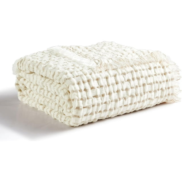 CREVENT 50"X60" Farmhouse Breathable Soft Waffle Throw Blanket for Couch Chair Bed, Outdoor Blanket for Travelling Wrap (Ivory)