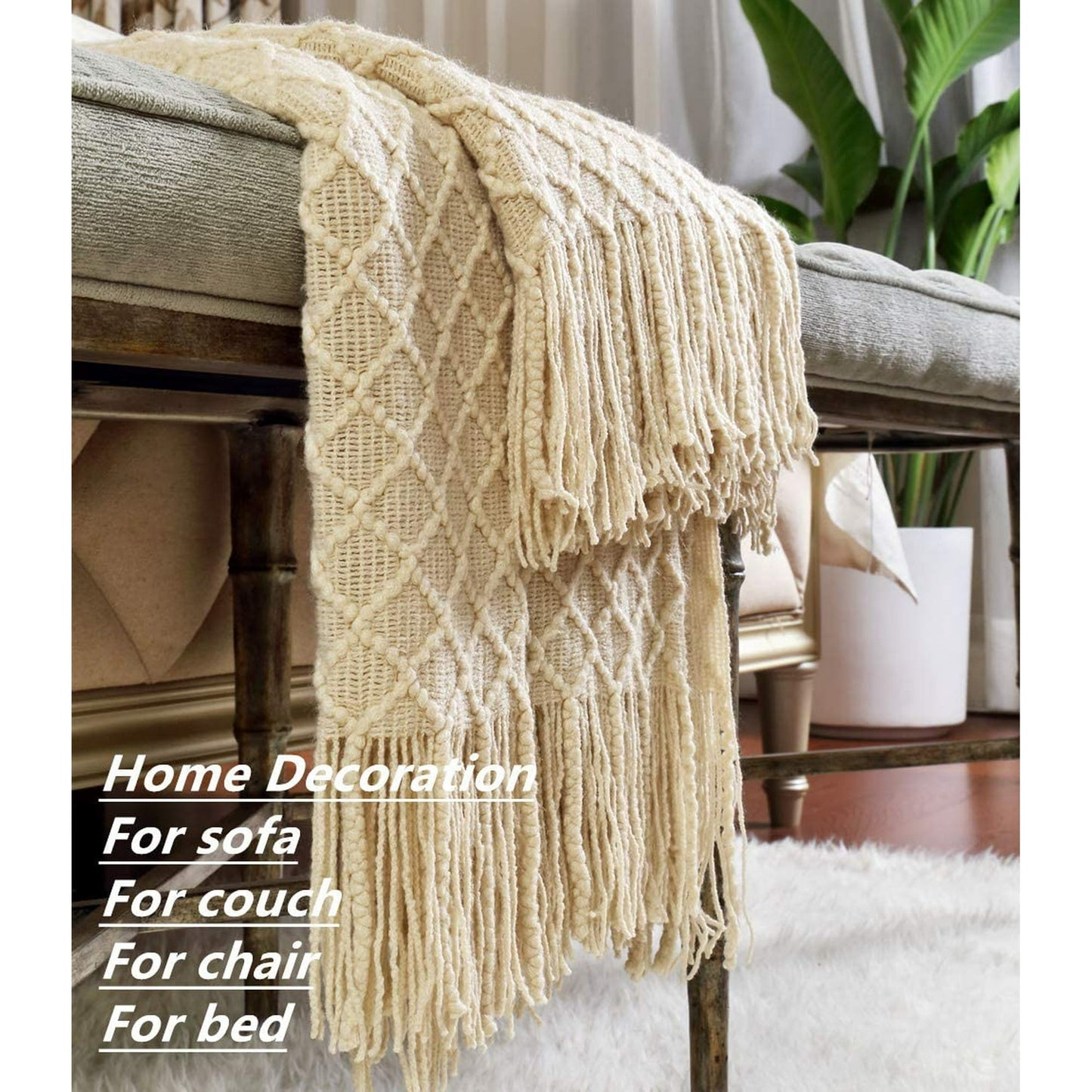 CREVENT Home Decor Rustic Couch Sofa Chair Bed Throw Blanket, Soft Warm Cozy Light Weight in Spring Summer (50''X60'' Beige/Ivory)