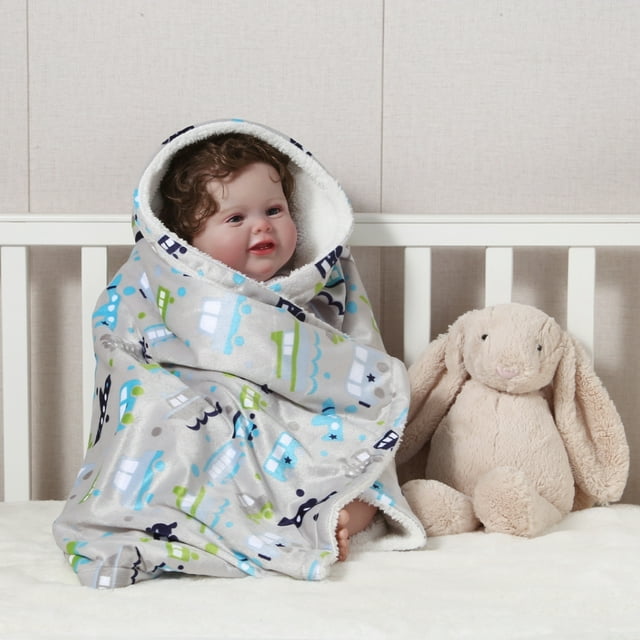 CREVENT Minky Sherpa Warm Baby Blanket for Girls Boys, Soft Plush Receiving Blanket for Newborns, 30''x40'' ,Grey Vehicle