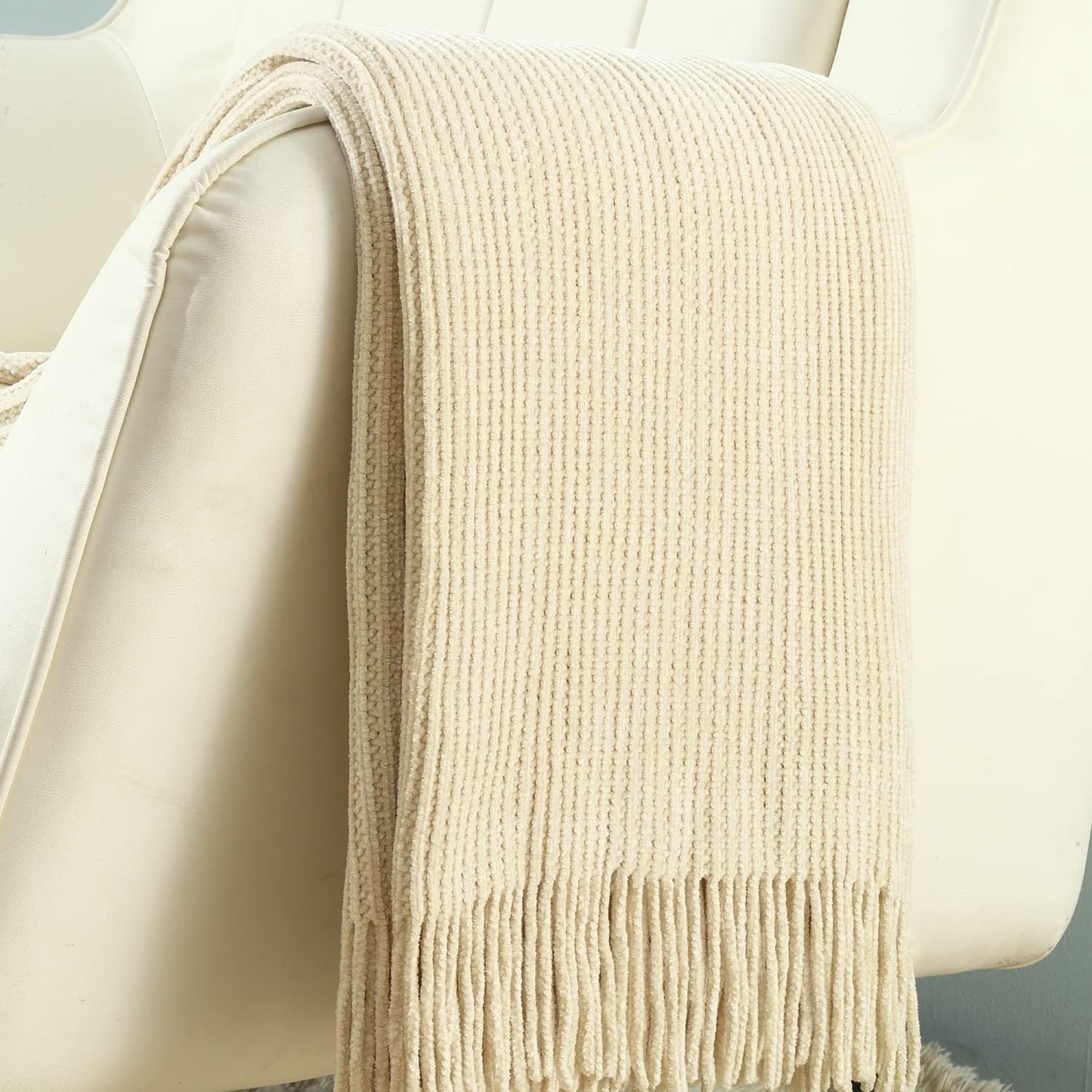 CREVENT Super Cozy Soft and Warm Chenille Throw Blanket for Sofa Couch Chair Bed, Spring Sumer Fall All Season Use, Gift for Mom Girlfriend (50''X60'' Ivory)