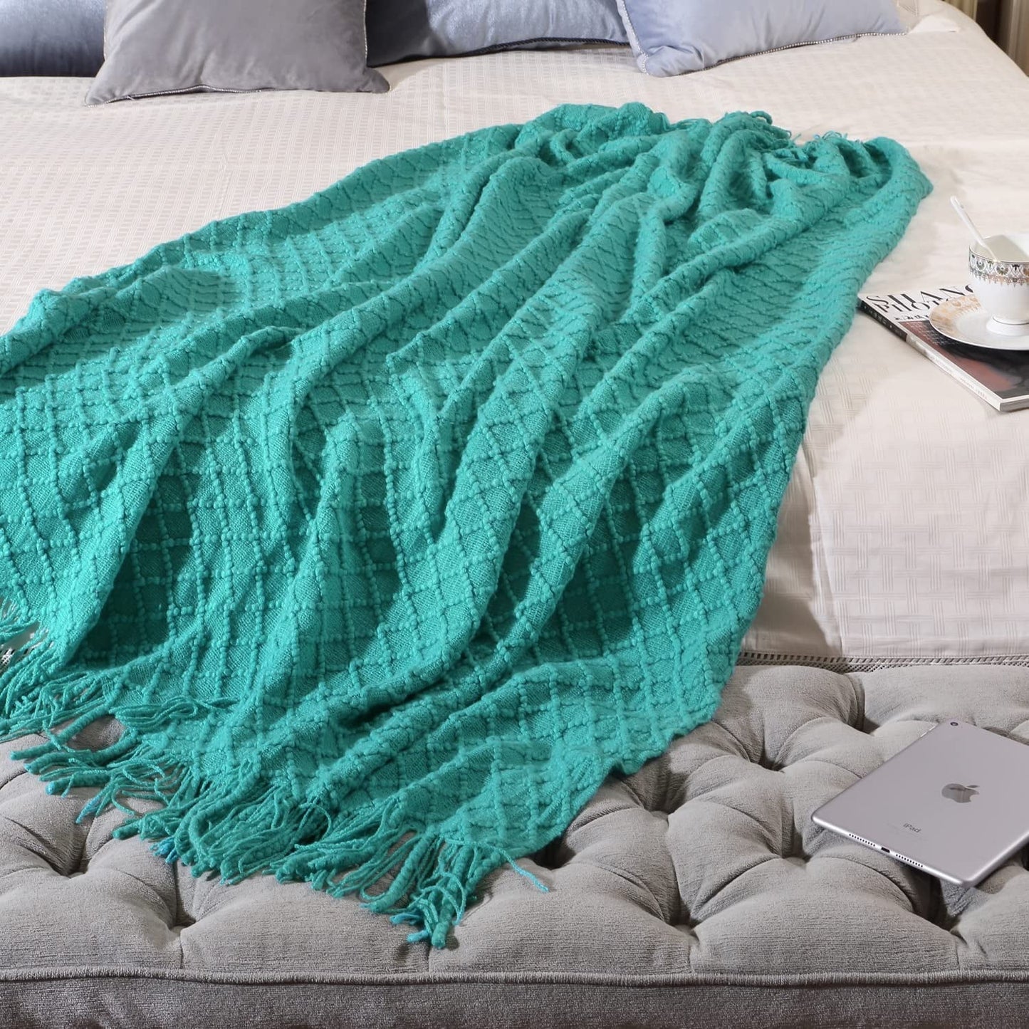 CREVENT Boho Throw Blanket for Couch Sofa Chair Bed Decoration, Gift Idea for Adult, Soft Warm Cozy Light Weight (50''X60'' Aqua Blue / Teal)