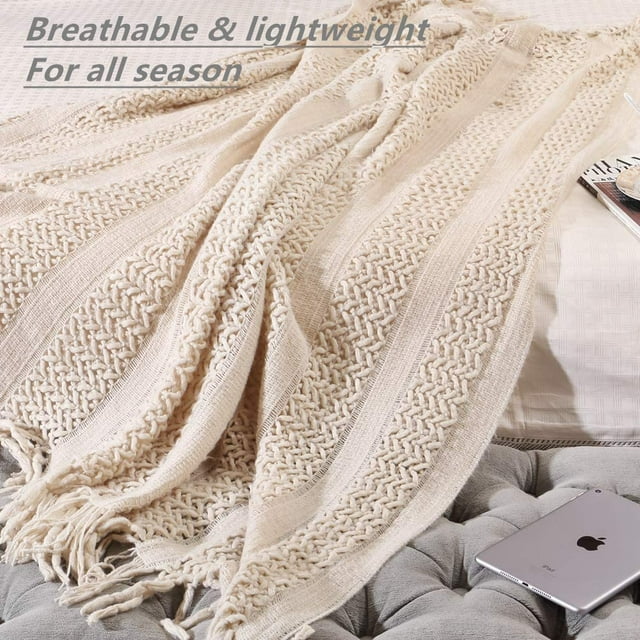 CREVENT Home Decor Rustic Couch Sofa Chair Bed Throw Blanket, Soft Warm Cozy Light Weight for Travelling (50''X60'' Beige / Ivory)