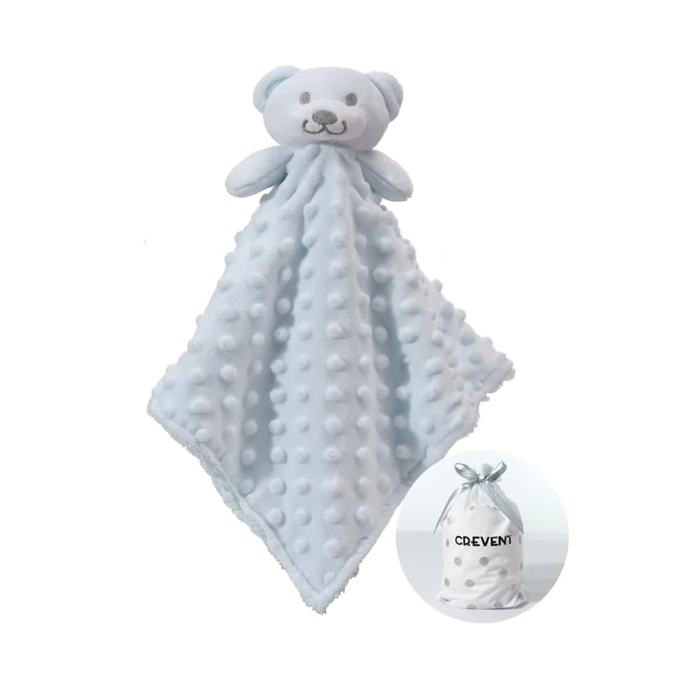 CREVENT Baby Gift Set Storage Basket with 2 Baby Blanket,1 Security Blanket,1 Taggie,1 Gift Bag with Ribbon, Blue, Unisex, 5Items