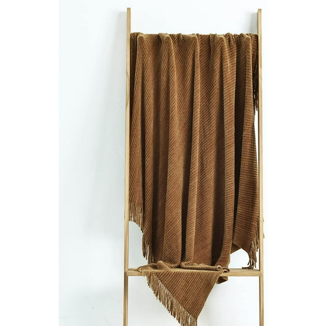 CREVENT Boho Chenille Throw Blanket for Couch Sofa Chair Bed Home Decoration, Super Soft Warm Cozy Knit Blanket for All Season (50''X60'' Coffee/Prairie Sand)