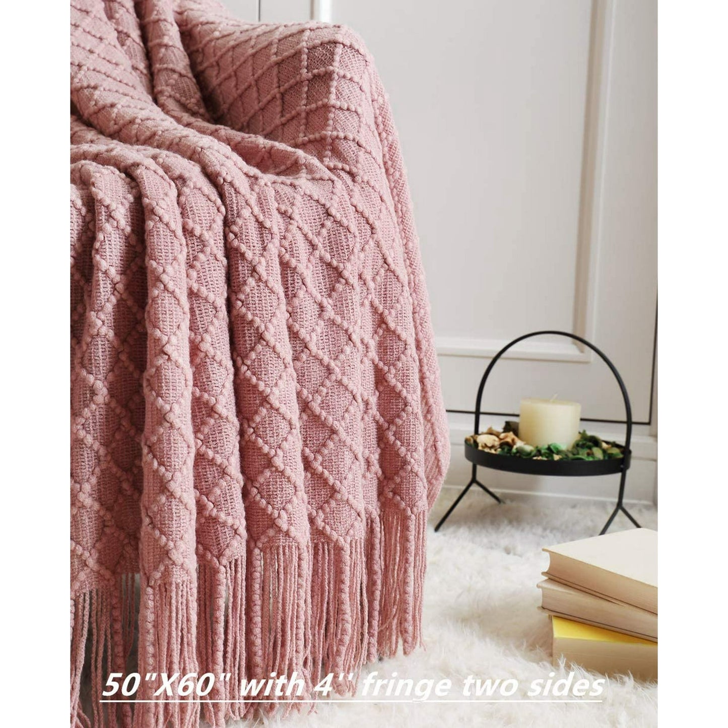 CREVENT Light Blush Pink Knit Throw Blanket for Couch Sofa Chair,Soft and Decorative for Spring Summer (50''X60'' Dusty Pink/Pale Pink)