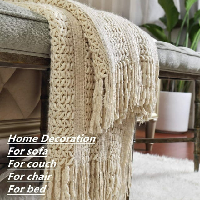 CREVENT Home Decor Rustic Couch Sofa Chair Bed Throw Blanket, Soft Warm Cozy Light Weight for Travelling (50''X60'' Beige / Ivory)