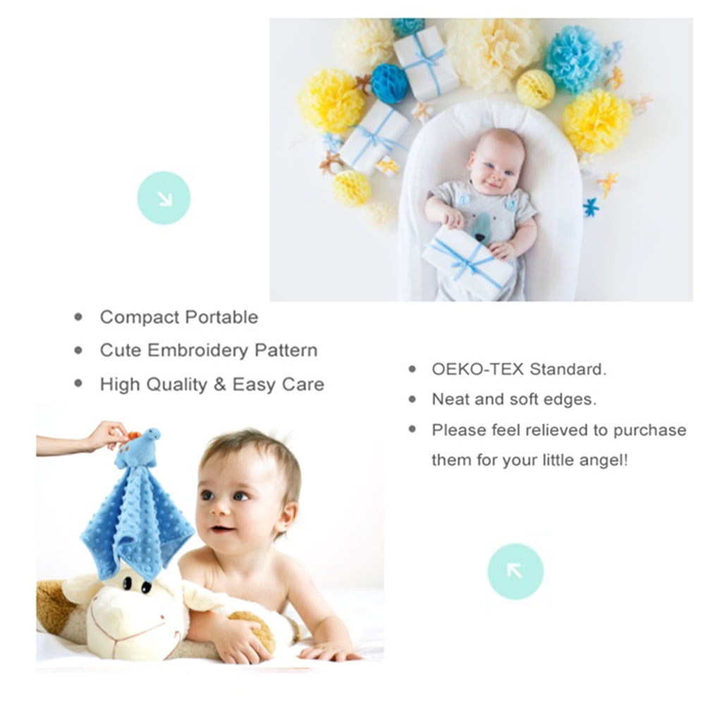 CREVENT Cozy Plush Baby Security Blanket Loveys for Baby Boys, Minky Dot Front + Sherpa Backing with Animal Face (Blue Dinosaur)