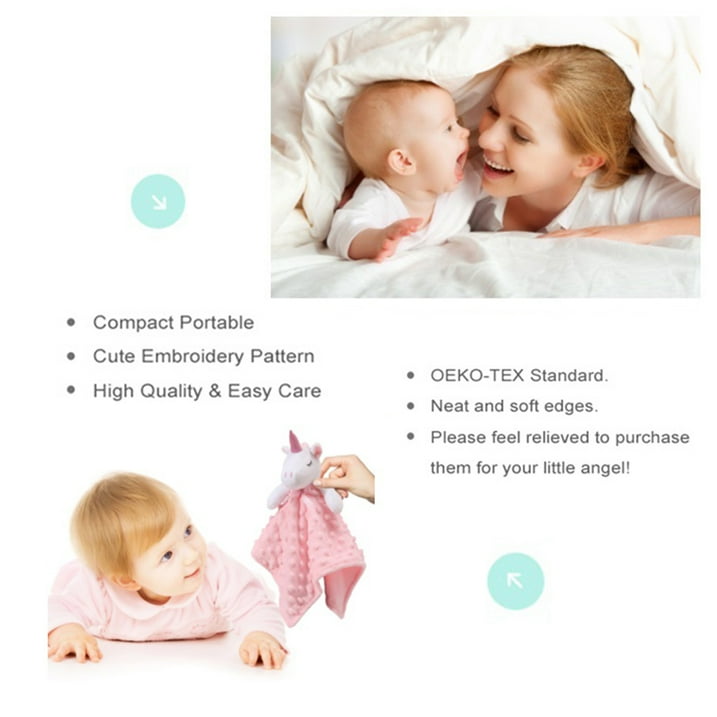 CREVENT Cozy Plush Lovey Fluffy Baby Security Blanket Loveys for Infant Girls, Pink Unicorn, 14'' x 14''