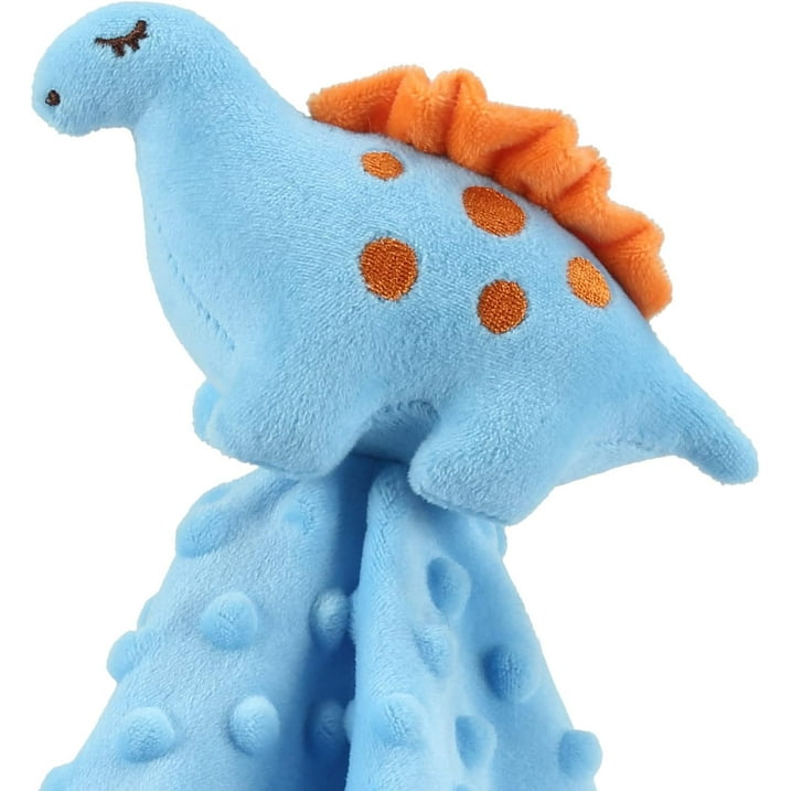 CREVENT Cozy Plush Baby Security Blanket Loveys for Baby Boys, Minky Dot Front + Sherpa Backing with Animal Face (Blue Dinosaur + Tag)