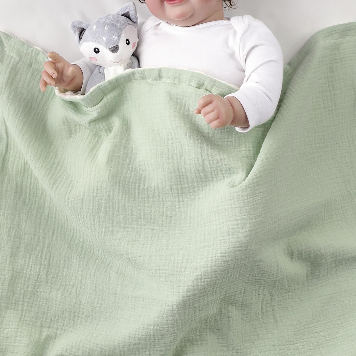 CREVENT 30''X40'' Organic Muslin Cotton Baby Blanket for Newborns, Soft Mink Backing, Essential for Baby Shower Birthday Gift - Green 75X100cm