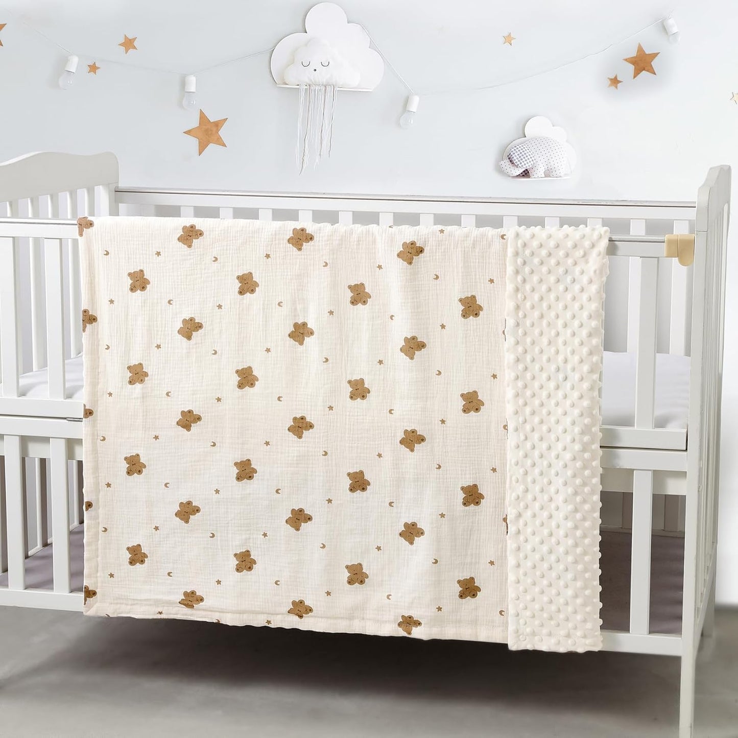 CREVENT 30''X40'' Organic Muslin Cotton Baby Blanket for Newborns, Soft Mink Backing, Essential for Baby Shower Birthday Gift - Bear 75X100cm