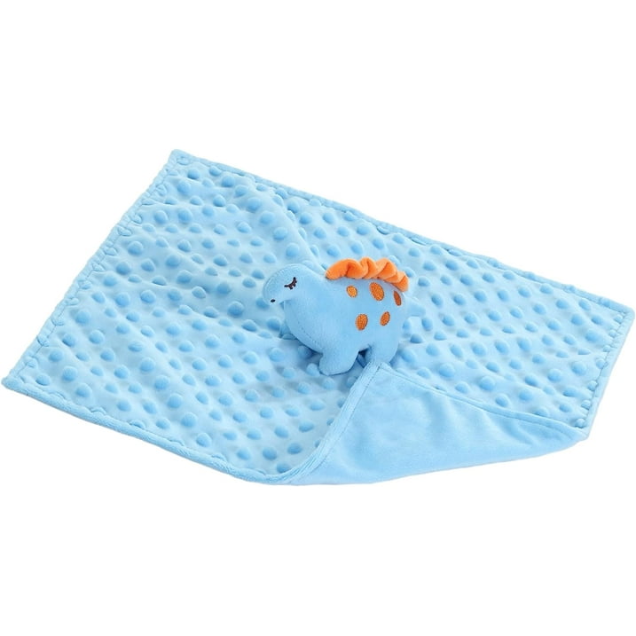 CREVENT Cozy Plush Baby Security Blanket Loveys for Baby Boys, Minky Dot Front + Sherpa Backing with Animal Face (Blue Dinosaur)