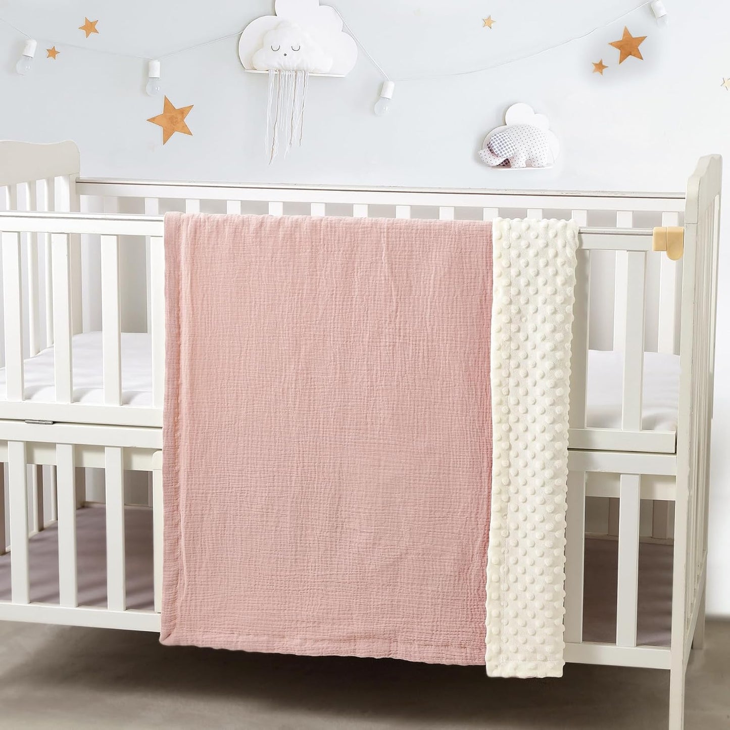 CREVENT 30''X40'' Organic Muslin Cotton Baby Blanket for Newborns, Soft Mink Backing, Essential for Baby Shower Birthday Gift - Pink 75X100cm