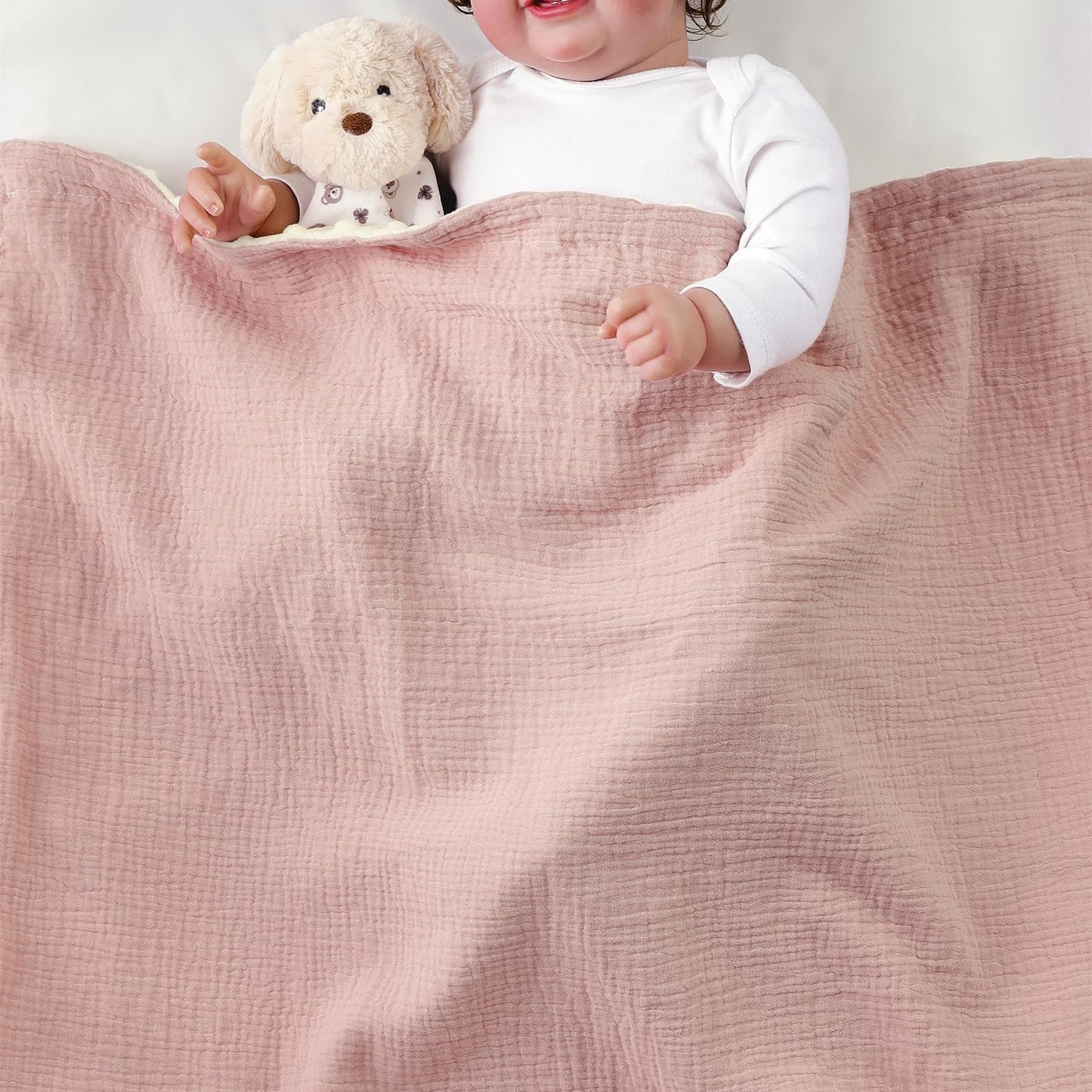 CREVENT 30''X40'' Organic Muslin Cotton Baby Blanket for Newborns, Soft Mink Backing, Essential for Baby Shower Birthday Gift - Pink 75X100cm