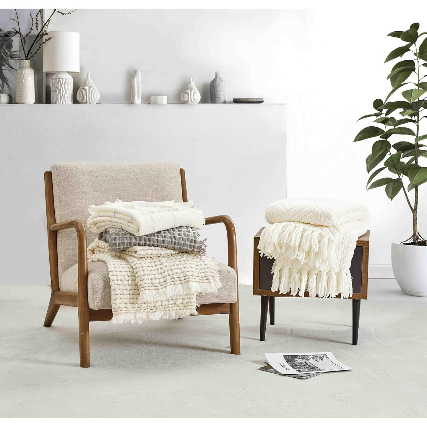 CREVENT 50"X60" Farmhouse Breathable Soft Waffle Throw Blanket for Couch Chair Bed, Outdoor Blanket for Travelling Wrap (Ivory)