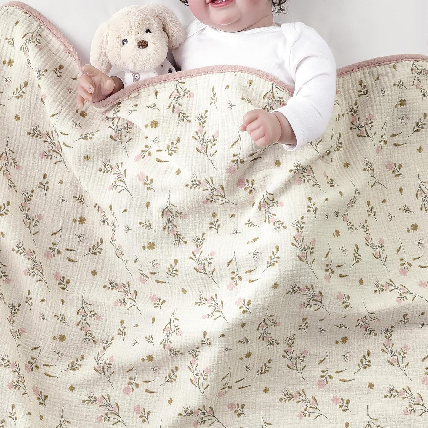 CREVENT 40''X40'' 100% Organic Cotton Muslin Baby Blanket for Newborns, Essential for Baby Shower Birthday Gift - Flower 100X100cm
