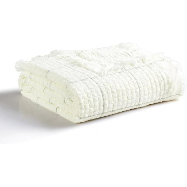CREVENT Farmhouse Boho Knitted Throw Blanket for Couch Sofa Chair Bed Home Decoration, Soft Warm Cozy Light Weight for Spring Summer Fall (50''X60'' /Cream)