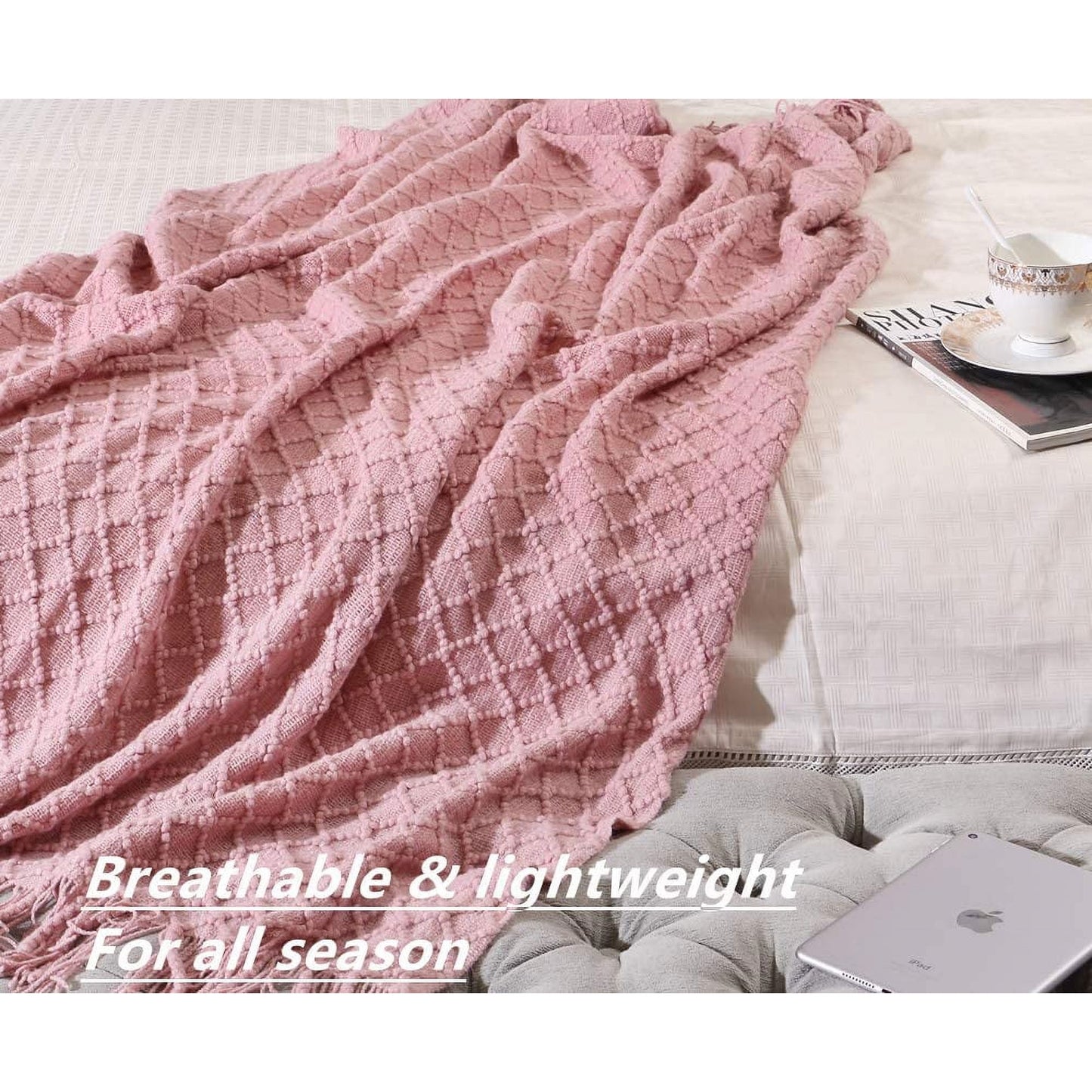 CREVENT Light Blush Pink Knit Throw Blanket for Couch Sofa Chair,Soft and Decorative for Spring Summer (50''X60'' Dusty Pink/Pale Pink)