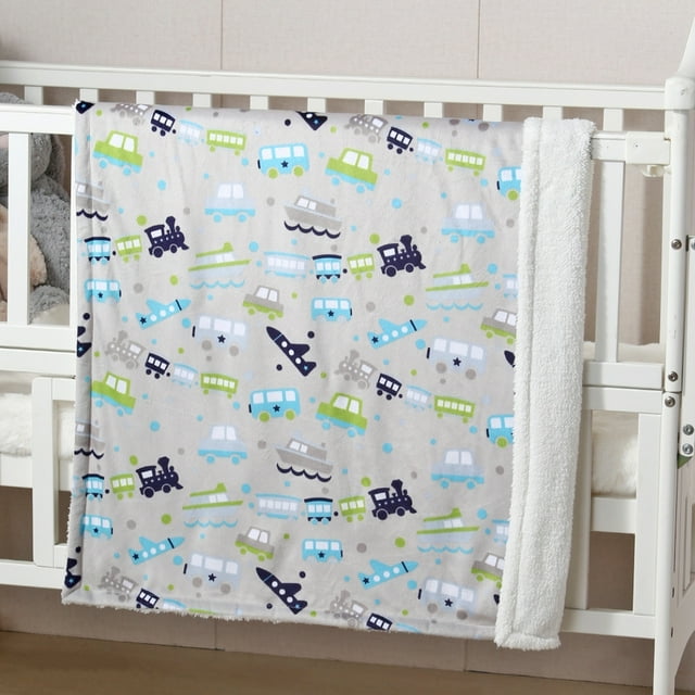 CREVENT Minky Sherpa Warm Baby Blanket for Girls Boys, Soft Plush Receiving Blanket for Newborns, 30''x40'' ,Grey Vehicle