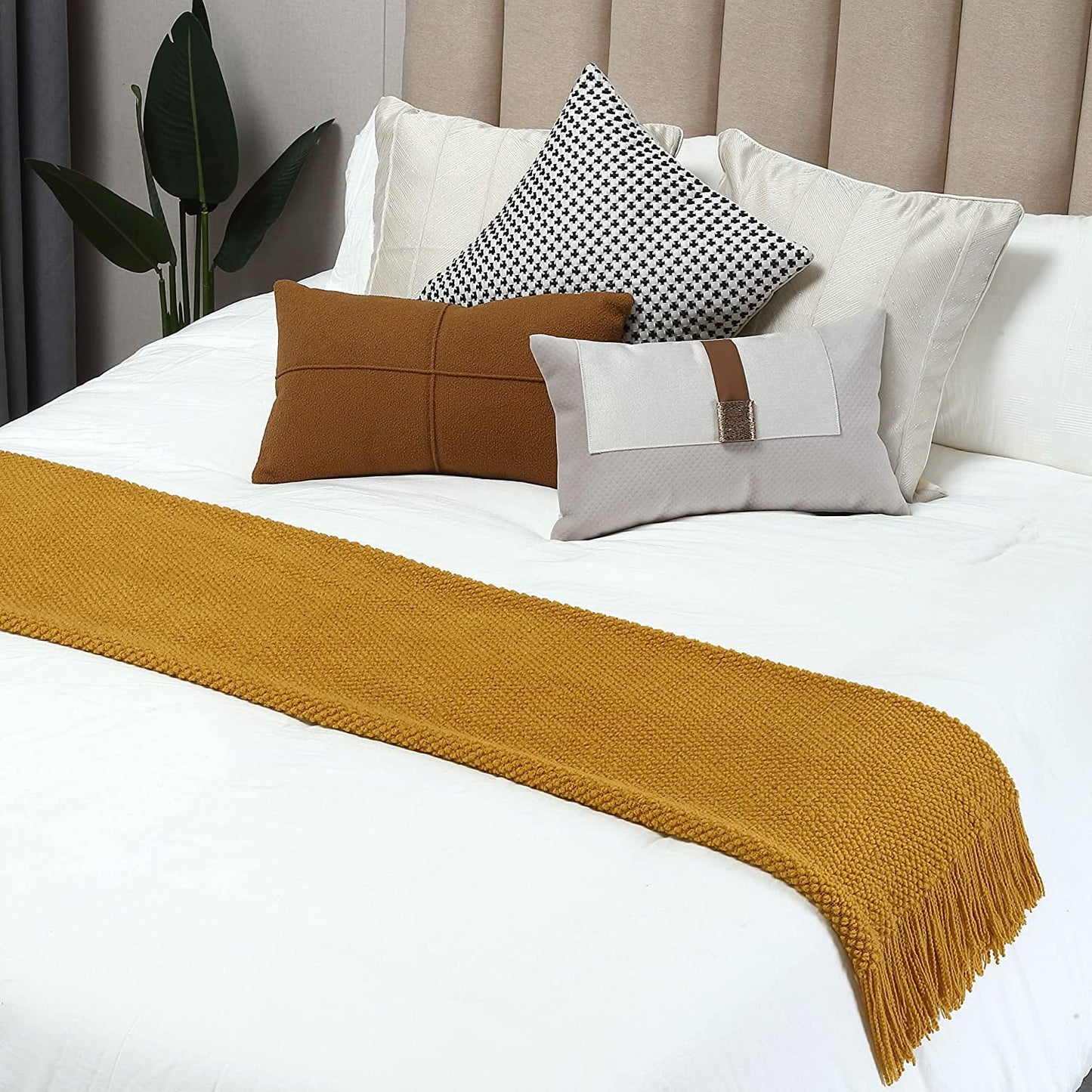 CREVENT Knitted Decorative Throw Blanket for Couch Sofa Chair Bed，Soft Warm Cozy Light Weight for Spring Summer Fall (50''X60'' Mustard Yellow)