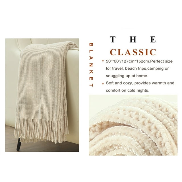 CREVENT Super Cozy Soft and Warm Chenille Throw Blanket for Sofa Couch Chair Bed, Spring Sumer Fall All Season Use, Gift for Mom Girlfriend (50''X60'' Ivory)