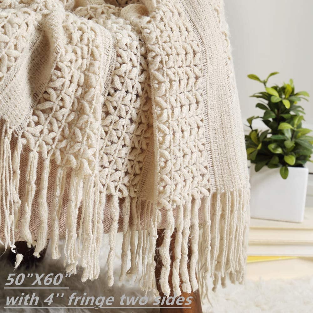 CREVENT Home Decor Rustic Couch Sofa Chair Bed Throw Blanket, Soft Warm Cozy Light Weight for Travelling (50''X60'' Beige / Ivory)