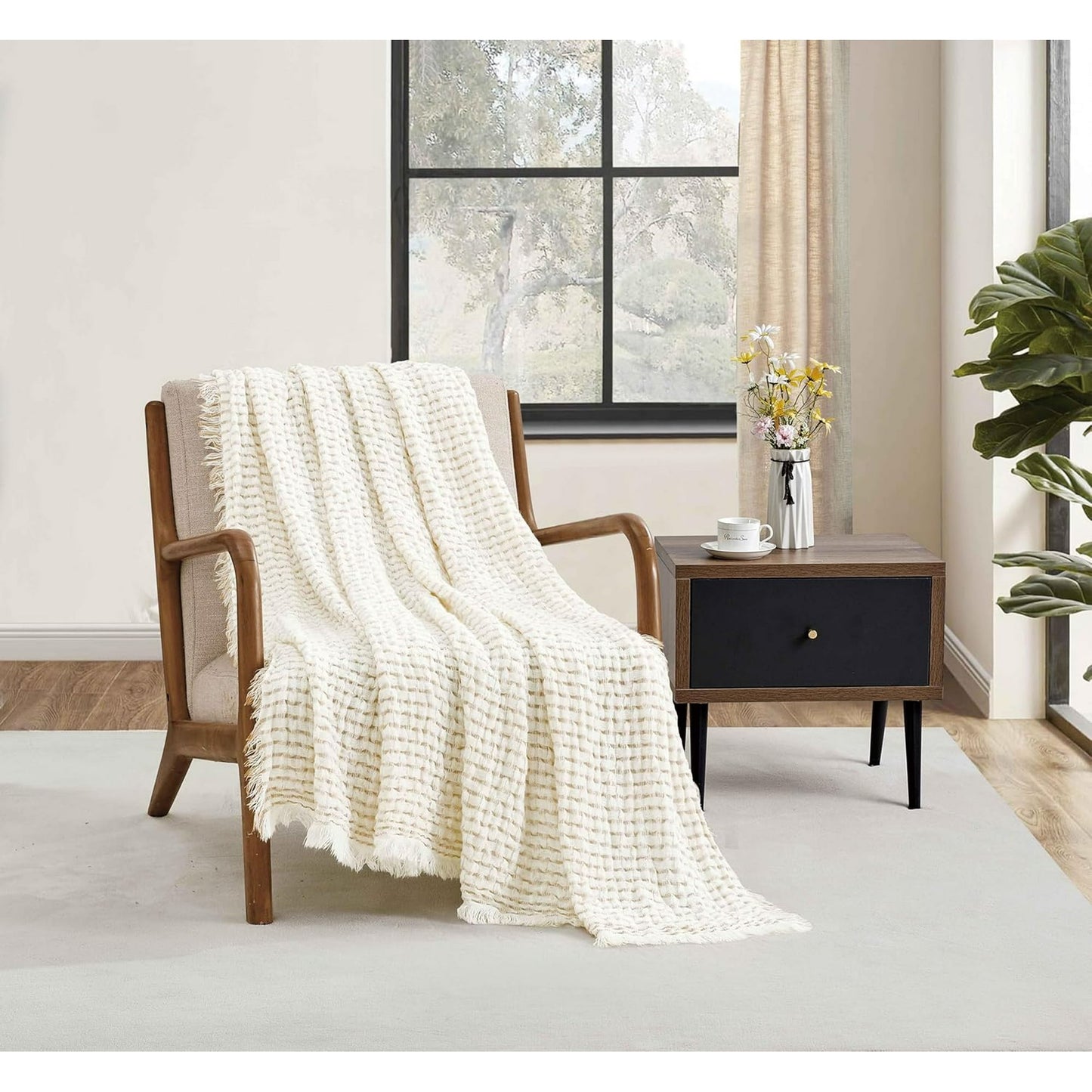 CREVENT 50"X60" Farmhouse Breathable Soft Waffle Throw Blanket for Couch Chair Bed, Outdoor Blanket for Travelling Wrap (Ivory)