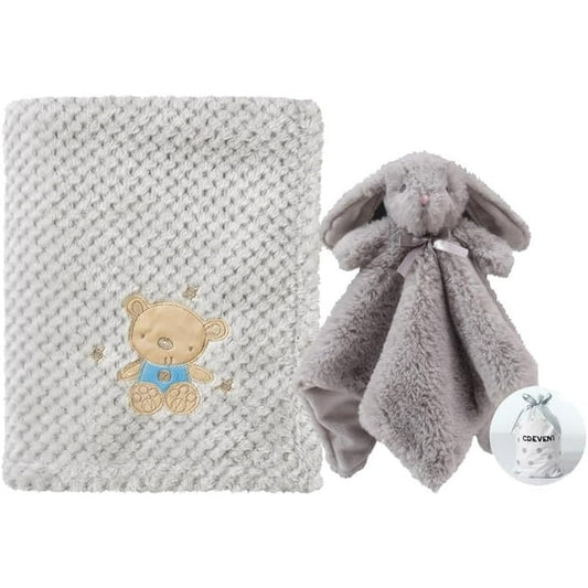 CREVENT Baby Blankets Grey Gift Set for Boys Girls, Bear Baby Blanket,Bunny Security Blanket with A Gift Bag, Unisex, 2 Items