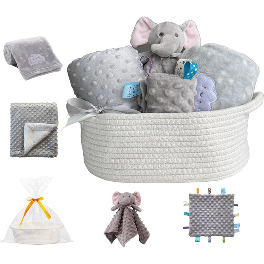 CREVENT Baby Gift Set Storage Basket with Baby Blanket,Security Blanket,Taggie,Gift Bag with Ribbon,Grey,Unisex,4Items